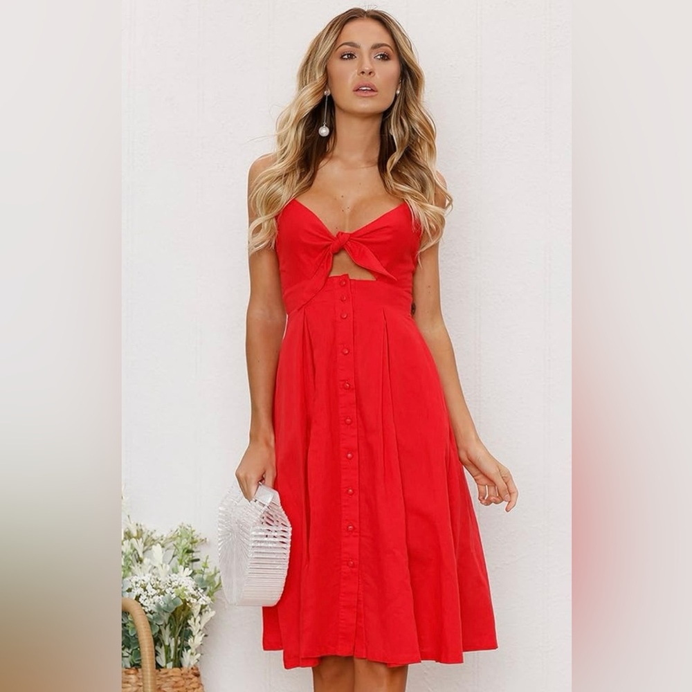Tie Front Spaghetti Strap Red Swing Midi Dress, Size L, NWOT